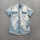 Akoo Mens Shirt Blue White Small Distressed Bleached Frayed Splatter Button Up