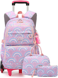 Girls Rolling Backpack Set Trolley Backpack for Girls 3PCS 6-Wheel 3Pcs Purple