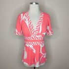 BCBG Maxazria Faux Wrap Shirt Size Small Pink Floral Stretch Short Sleeve