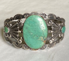 Vintage “Navajo” Fred Harvey Era Coin Silver & Turquoise Cuff Bracelet - Signed