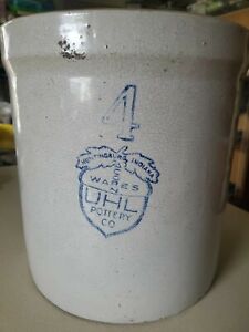 Rare Uhl Pottery Acorn White Shoulder Jug Crock 4 Huntingburg Indiana Pottery