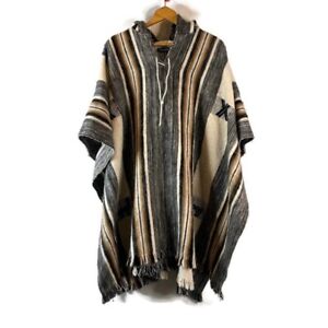 Gamboa Unisex Alpaca Wool Poncho Blanket Hooded Ivory Black Brown Striped