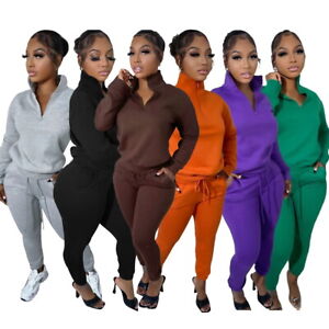 Sporty New Women Zipper Long Sleeves Solid Casual Long Pants Set Outfits 2pcs