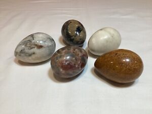 Lot Of 5 Onyx Alabaster Granite Marble Polished Stone Eggs, Multi Natural Tones