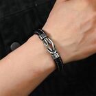 Braided Bracelet PU Leather Wristband Men Boy Stainless  Solid Bnad Black Cool