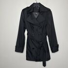 CALVIN KLEIN Trench Coat Womens Large Solid Black Belted Double Breasted Fitted