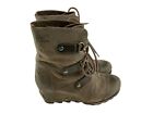 Sorel Joan Of Arctic Women Ankle Boots Brown Leather Wedge Round Toe Lace Up 8.5