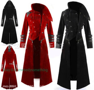 Men's Hooded Steampunk Military Trench Coat Long Gothic Overcoat Cosplay