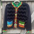 VTG black BEREK sweater CARDIGAN Indian mirror work chenille trim Medium