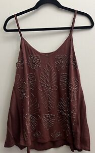 Anthropologie Womens Tank Top Beaded Leaf Size S Embellished Brown Summer Trendy