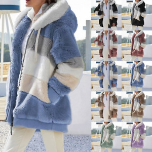 Womens Fur Fluffy Hooded Jacket Parka Coat Fleece Winter Warm Overcoat Outwear