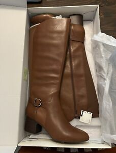 Anne Klein High Leather Boots Size 9M Wide Calf Side Zip - Cognac 