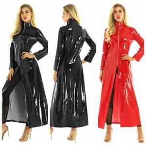 Women's Patent Leather Trench Casual Long Sleeve Turtleneck Long Coats Jackets