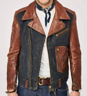 Men's Leather Jacket Biker Motorcycle Vintage Brown & Black Genuine Leather Coat