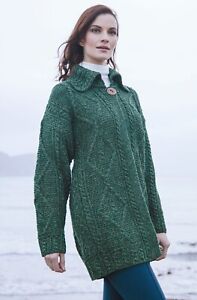 Aran Irish 100% Merino Wool Cardigan Sweater Women's Single Button Green Coat