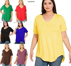 1X 2X 3X Luxe Rayon V Neck Short Sleeve Top Hi-Low Rounded Hem Loose Fit T Shirt