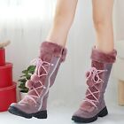 Warm Snow Booties Women Middle Heel Round Toe Zipper Lace Up Hairball Boots