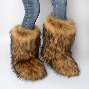 Women Faux Fur Boots Ladies Fuzzy Fluffy Furry Round Toe Winter Snow Boots Size8
