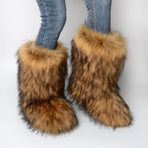 Women Faux Fur Boots Ladies Fuzzy Fluffy Furry Round Toe Winter Snow Boots Size8