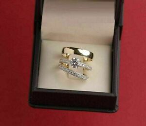 14K Yellow Gold Fn His Her Diamond Bridal Wedding Lab-Created Band Trio Set Ring