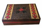 Vintage Wood Card Box Holds Two Decks Brown Swirls With Spades Diamonds