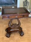 Vintage Lyre Harp Table Consuls Leather Embossed Top Drawers and Side Pulls