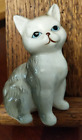 Vintage Ceramic White/Grey Kitten Cat Blue Eyes Figurine Japan