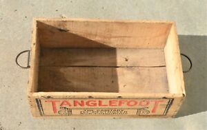 VINTAGE TANGLEFOOT FLY PAPER ADVERTISING WOOD CRATE Dovetailed w/ Metal Handles