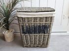 Vintage french wicker Gray Lined Lidded Laundry basket