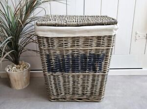 Vintage french wicker Gray Lined Lidded Laundry basket