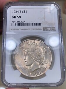 1934-S Peace Dollar graded AU58 by NGC Key Date Tough Coin Toned