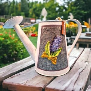 Vintage Garden Watering Can with Raised Iris Flowers Pattern Galvanized Metal
