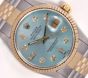 Rolex Datejust Two Tone Steel 18k Fluted Bezel 36mm Watch-Ice Blue Diamond Dial