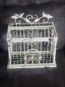 Vintage White Chippy Metal Victorian Tabletop Bird Cage; Top Rolls Open 15x13x6