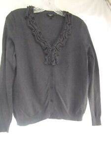 Talbots sweater cardigan sz PL Petite L ruffle v-neck gray wool blend MINT