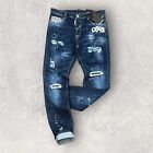 New DSQ2 Men's Stretchy Washed Slim Fit Ripped Dark Blue Jeans