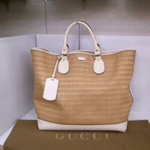 【Pre-owned】Gucci Straw Shoulder Bag Tote Bag White × Beige Tone