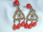 VICTORIAN 835 GOLD WASHED SILVER OLD CORAL DANGLE EARRINGS-SCREW BACK STYLE!