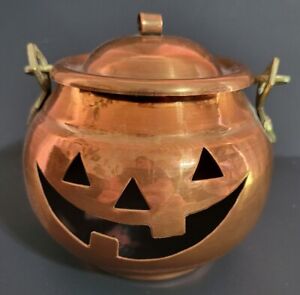 Vintage Copper Jack-O-Lantern Lidded Pumpkin Pot With Brass Handel Made Turkey