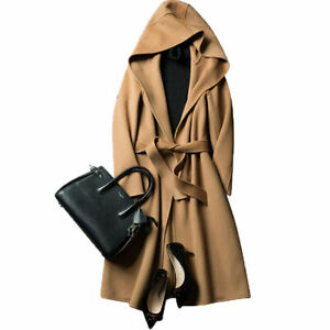 Chic Womens 100% Cashmere Woolen Coat Long Belt Hooded Overcoat Trench Coat Warm