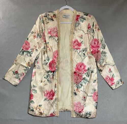 Vintage Jacket Blazer Womens Large Cream Floral Open Front Cottagecore Retro 90s