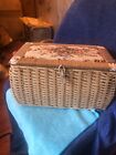 Vintage Large Woven Wicker Sewing Basket Box Tapestry Floral