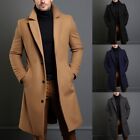 Classic Single Breasted Black Wool Blend Men's Long Trench Coat with Lapel
