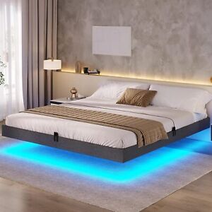 Floating Bed Frame w/LED Light Morden Metal Platform Bed Easy Assembly Dark Grey