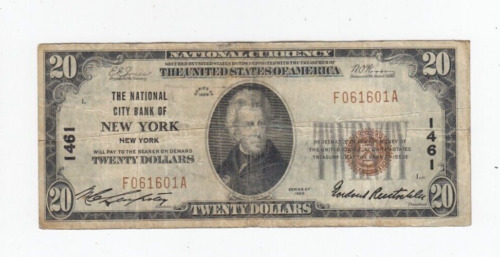 National Banknotes 1929-I $20  National city bank of NY,NY vg-fine