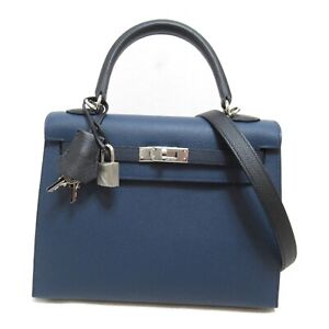 HERMES Kelly 25 2way Handbag Epsom leather Black Blue de presse Used Women B SHW