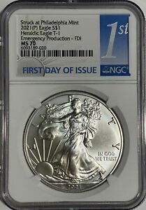 2021 (P) SILVER AMERICAN EAGLE NGC MS70 FDI FIRST DAY ISSUE EMERGENCY PRODUCTION