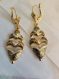 Vintage Damascene Toledo Gold Spain Dangle Pierced Earrings