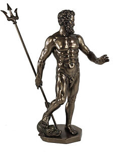 Poseidon God of Sea W Trident Greek Mythology Nude Male Statue Bronze Color