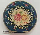 Vintage Round black floral Needle Point Travel Sewing Kit